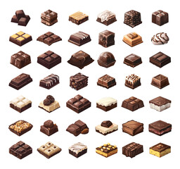 Chocolate candies cartoon vector set. Sweet desserts praline bars coconut sprinkles cocoa beans milk truffles grilled dark bitter delicious confectionery products, Illustration isolated on white