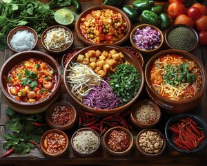 Fototapeta premium A vibrant spread of Asian food with bowls of noodles, vegetables, and spices. The food is arranged in a circular pattern. The background is a wooden table.