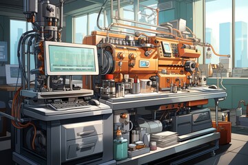 Close-up of a nanotechnology lab bench, minimal digital painting, showcasing intricate tools and tiny nanomaterials, neutral color palette with metallic accents
