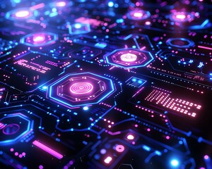 Fototapeta premium 3D rendering of futuristic computer motherboard with glowing neon lights. Electronic background with hexagons and circuit board.