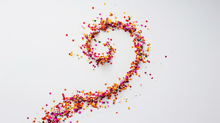 A minimalist arrangement of confetti forming a delicate spiral against a clean white background, evoking a sense of balance, harmony, and natural beauty. on solid white background,