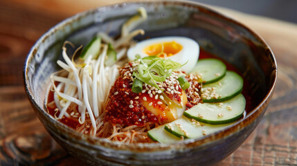 Authentic korean bibimbap served with vegetables, spicy gochujang, rice, and a soft-boiled egg in a rustic ceramic bowl on a wooden table