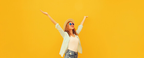 Summer holidays, inspired happy smiling young woman raising hands up on colorful yellow background