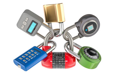 Combination Padlocks, different types, 3D rendering isolated on transparent background
