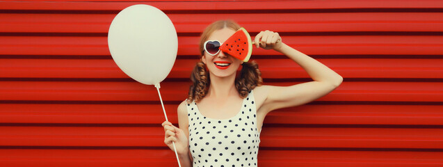 Summer, holiday, celebration, happy cheerful young woman with balloon watermelon fruits on red