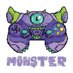 Monster gamepad cartoon character with pixel text. Game pad print monster with horn and smiling face. Game pad t shirt design on white background