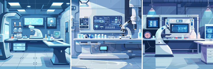 Cryonics laboratory cartoon vector scenes. Microscope monitors cryo chamber flasks high tech equipment, empty interior bright concepts