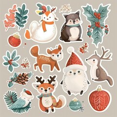 Naklejka premium Christmas winter stickers collection for kids, seasonal design, cute animals and elements for scrapbook