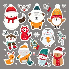 Christmas winter stickers collection for kids, seasonal design, cute animals and elements for scrapbook