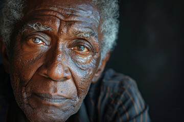 Close up portrait of wrinkled afro-american elderly man against black background, dramatic portrait