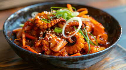Traditional korean dish of stir-fried octopus and vegetables, topped with spicy sauce, sesame seeds, and green onions