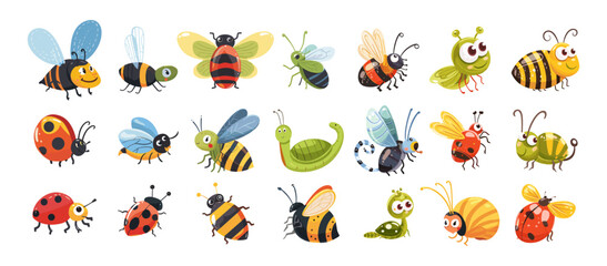 Cute children insects cartoon vector set. Big eyes wings antennae smile ladybug snail grasshopper beetle bumblebee bee bugs, illustrations isolated on white background © ONYXprj