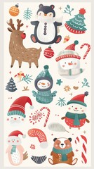 Fototapeta premium Christmas winter stickers collection for kids, seasonal design, cute animals and elements for scrapbook