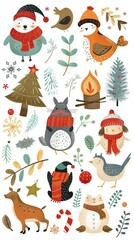 Naklejka premium Christmas winter stickers collection for kids, seasonal design, cute animals and elements for scrapbook