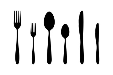 Black and White Cutlery Set. Vector isolated illustration of a fork, a spoon and a knife silhouettes