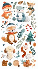 Naklejka premium Christmas winter stickers collection for kids, seasonal design, cute animals and elements for scrapbook