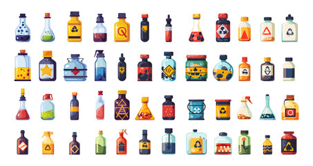 Dangerous substances cartoon vector set. Bottles flasks storage tanks toxic poison radioactive chemical liquids gases vessels, illustrations isolated on white background