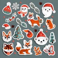 Christmas winter stickers collection for kids, seasonal design, cute animals and elements for scrapbook