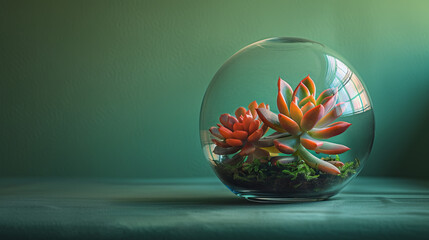 Award Winning National Geographic rule of thirds, photograph of a delicate glass terrarium containing a miniature succulent garden, minimalist, plain soft jade background, ultra re