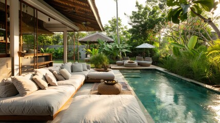 Obraz premium sofa, pillows, pool in a quiet and natural environment generative ai