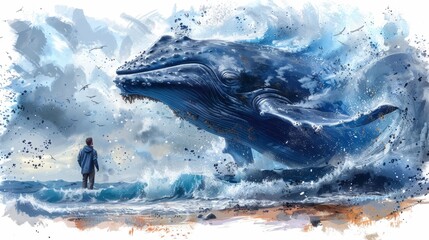 Jonah and the Whale - Illustration of Whale Swimming Beside Human Silhouette in Ocean, Digital Watercolor Painting, AI-Generated 4K Wallpaper Background © Da