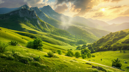 Obraz premium Landscape of mountains and valleys with a view of the setting sun