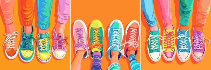 Feet sneakers cartoon vector concepts. Four pairs pants stockings legs shoelaces different designs, fashionable orange background illustrations