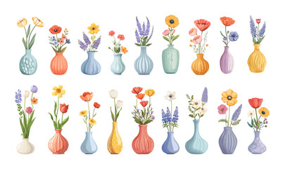 Flowers vases cartoon vector set. Containers blooming chamomile tulip chrysanthemum poppy lupine lilac decor fresh bouquets vessels interior decoration, illustration isolated on white background