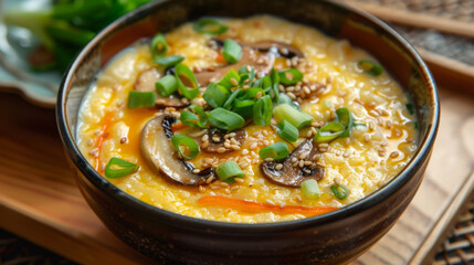 Traditional korean egg soup topped with green onions, mushrooms, and sesame seeds, served piping hot in a ceramic bowl