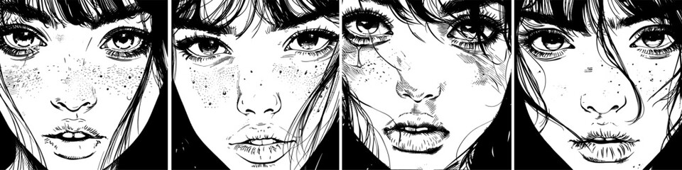 Girl face anime comic book ink sketch vector posters. Woman close up face long hair big eyes beautiful manga black monochrome characters, illustration isolated on white background
