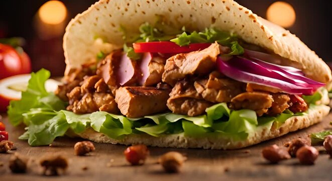 An appetizing sandwich with grilled chicken shawarma doner, stuffed with aromatic spices and beef.