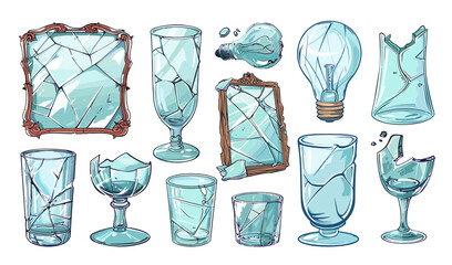 Glass waste cartoon vector set. Broken bottle mirror light bulb cup kitchen split utensils dangerous garbage utter illustration isolated on white background