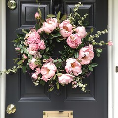 Beautiful pink floral wreath hanging on a dark door, perfect for decorating your home and enhancing the aesthetic appeal.