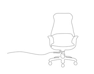 Continuous one line drawing of executive office chair. One line drawing illustration of office armchair. Office interior concept continuous line art. Editable outline.
