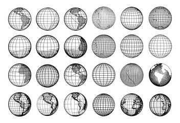 Globe mesh black outline vector set. Geometric round striped grid sphere continents balls icons, illustration isolated on white background