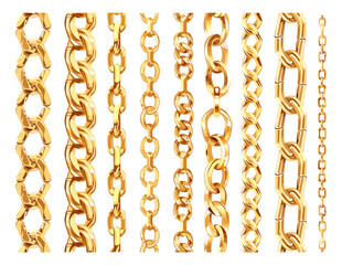 Gold chain cartoon vector set. Jewelry links frame cable different shapes wealth precious metal pattern accessories, illustration isolated on white background