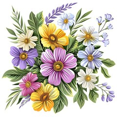 Fototapeta premium Colorful floral illustration featuring various blooming flowers and green leaves. Perfect for nature-themed designs.