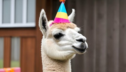 Obraz premium A Llama At A Birthday Party Wearing A Party Hat Upscaled 3