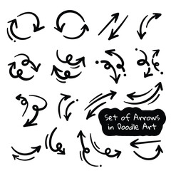 hand drawn set of arrows in irregular shapes with simple curved, straight and circular directions