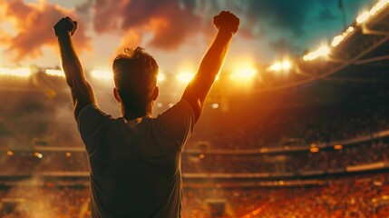 A male fan with his hands raised up on the stadium tribune in the evening, with beautiful lighting, rejoices at the victory of his favorite team. Summer competitions 2024