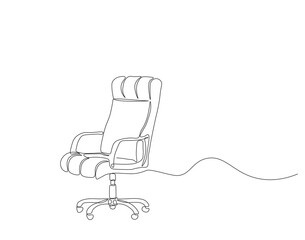 Continuous one line drawing of executive office chair. One line drawing illustration of office armchair. Office interior concept continuous line art. Editable outline.
