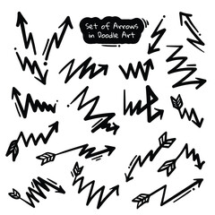set of hand drawn arrows in zigzag shape with various directions and number of simple zigzags