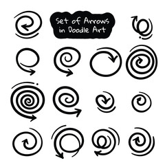 set of hand drawn rotating and swirl arrows in various simple round styles for poster template