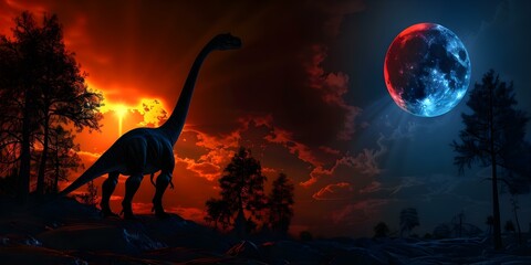 A lone dinosaur gazes at the moon as it disappears in an eclipse. Concept Fantasy, Paleontology, Astronomy, Dinosaurs, Lunar Eclipse
