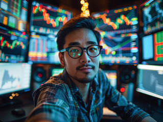 Fototapeta premium a unique selfie of a cryptocurrency analyst surrounded by multi-screen setups displaying real-time data, with dramatic underlighting for a mysterious effect.