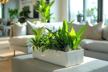 A chic white fiberglass planter box filled with sculptural foliage plants such as snake plants, peace lilies, and bird's nest ferns, adding a touch of greenery and sophistication to a modern living 