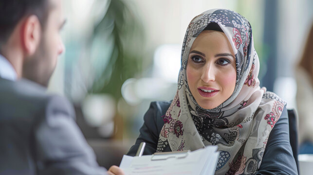 a confident businesswoman wearing a hijab conversing with a male partner, both in formal attire, mid-discussion with paperwork in hand