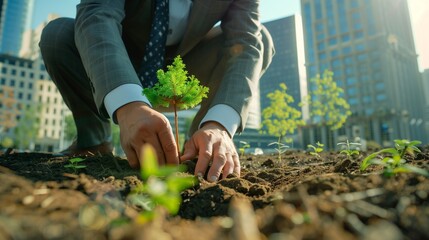 A businessman in a suit is planting a tree in an urban park, symbolizing business sustainability and commitment to environmental, social, and governance (ESG) principles.