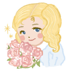沢山のピンクの薔薇の花束を持つ金髪の少女