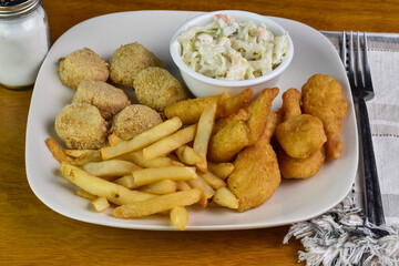 baked  scallops, and shrimp served with fries